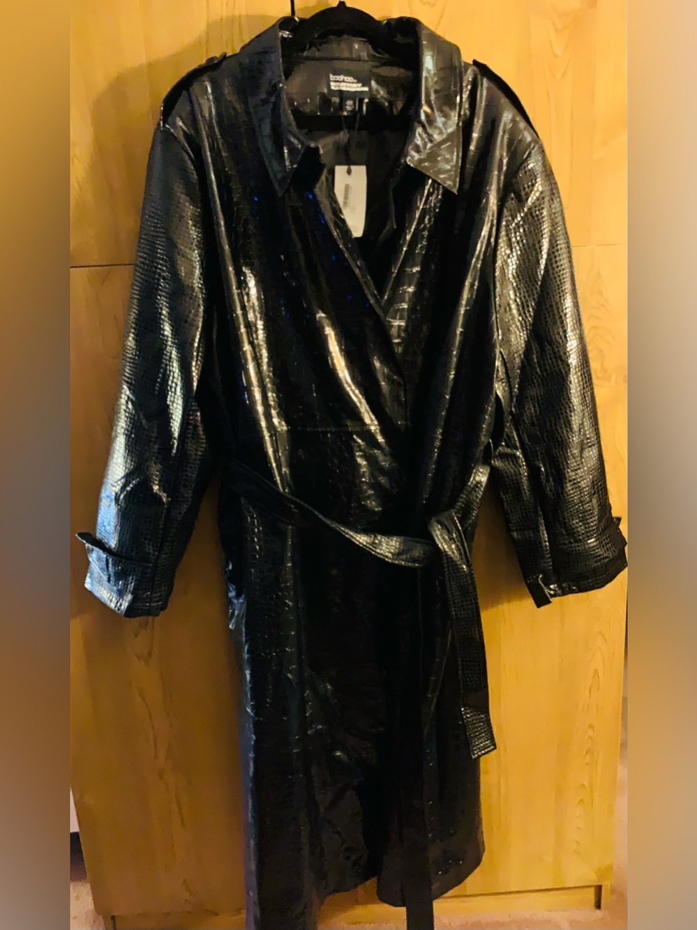 Glossy Black Faux-Snakeskin Trench Coat with Belt
